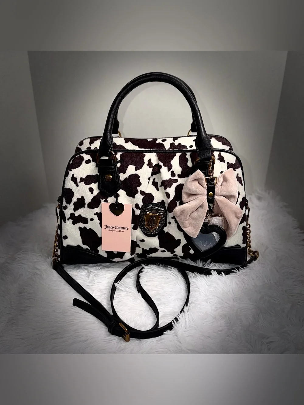 Juicy Couture Black & White Cow Print Satchel with Pink Bow Charm
